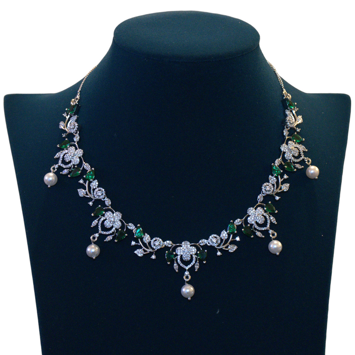 Rhodium CZ White Pearl and Green Stone Fancy Necklace Set
