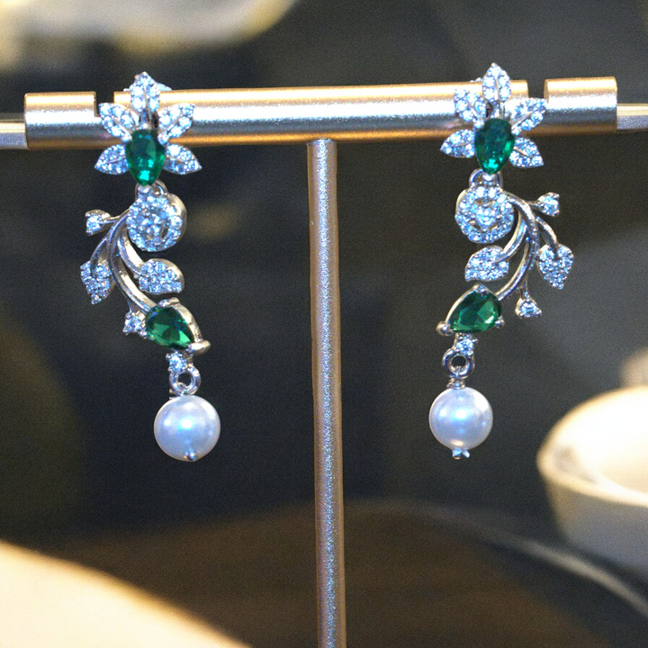 Rhodium CZ White Pearl and Green Stone Fancy Necklace Set