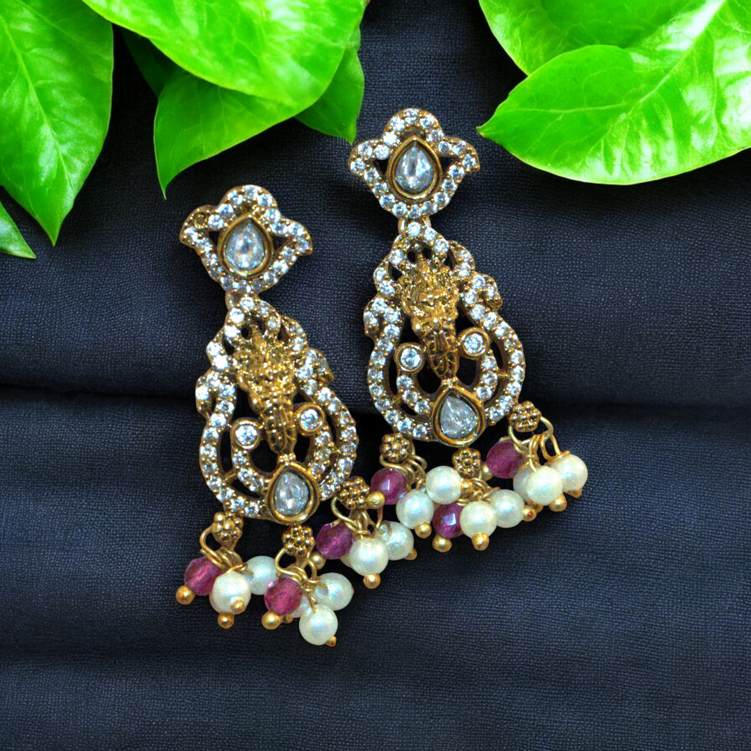 Temple Jewelry CZ Mehandi Polish Kundan Pearls Kammal Jimky