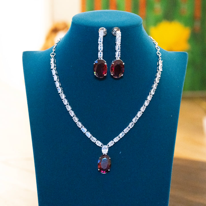 Rhodium AD White Stone Red Pendant Necklace