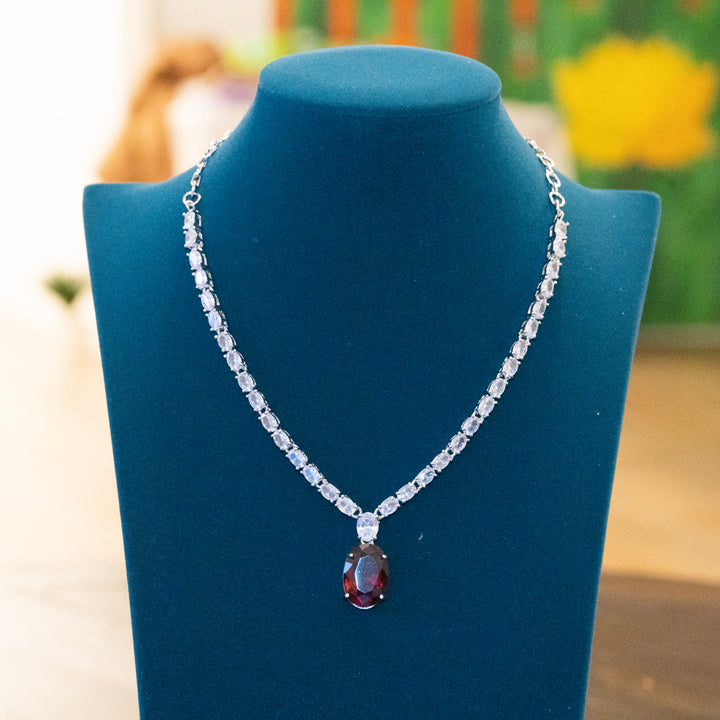 Rhodium AD White Stone Red Pendant Necklace