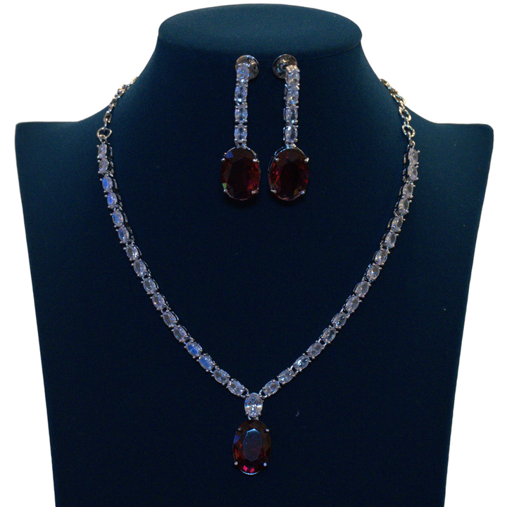 Rhodium AD White Stone Red Pendant Necklace
