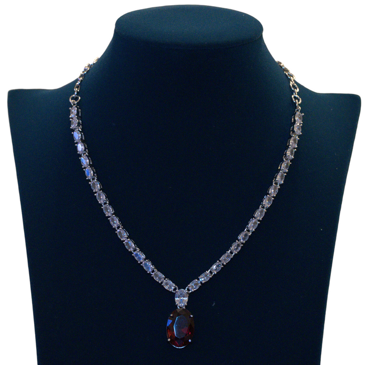 Rhodium AD White Stone Red Pendant Necklace