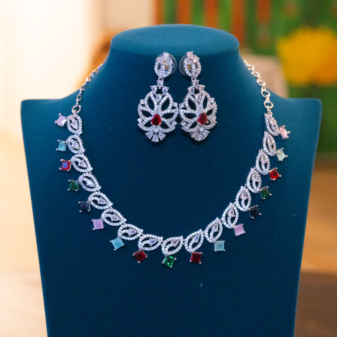 Rhodium CZ AD Multicolor Stones Necklace Set