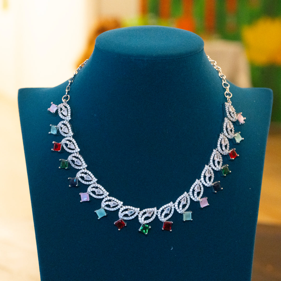 Rhodium CZ AD Multicolor Stones Necklace Set