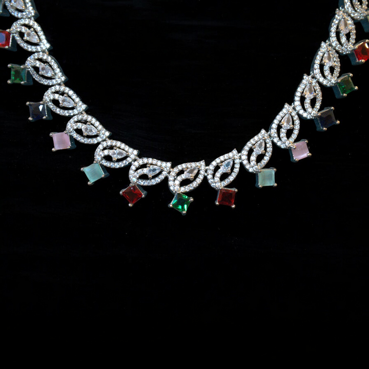 Rhodium CZ AD Multicolor Stones Necklace Set