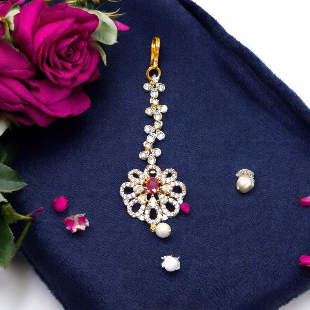 Micron White Stone Pink Stone Pearl Drops Nethi Sutti