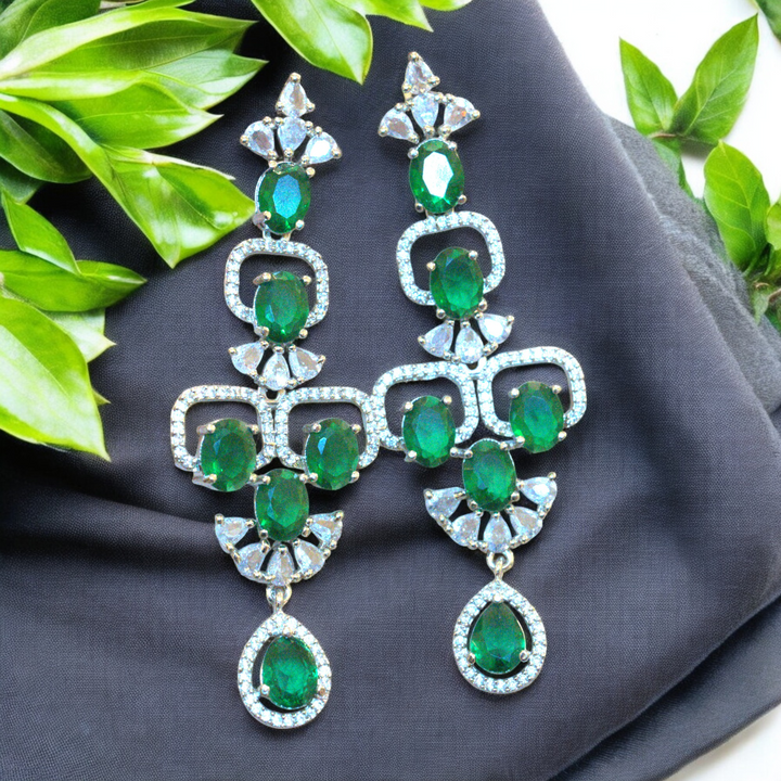 Rhodium Emerald Green Stone CZ Drop Earrings Kammal Jimky