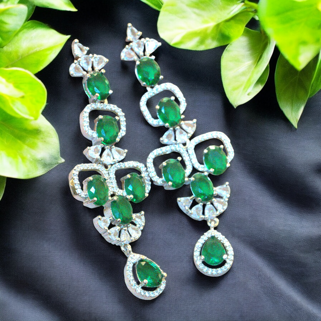 Rhodium Emerald Green Stone CZ Drop Earrings Kammal Jimky