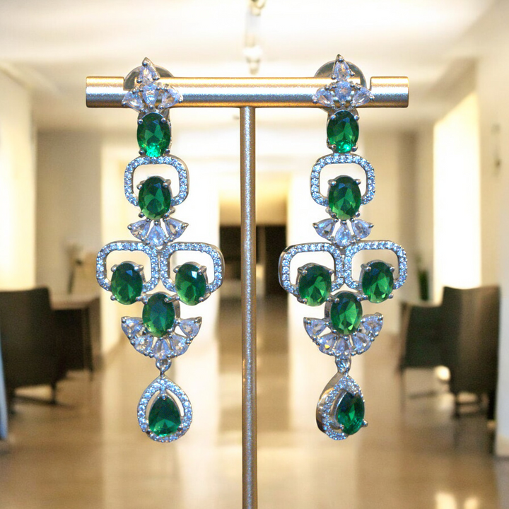 Rhodium Emerald Green Stone CZ Drop Earrings Kammal Jimky