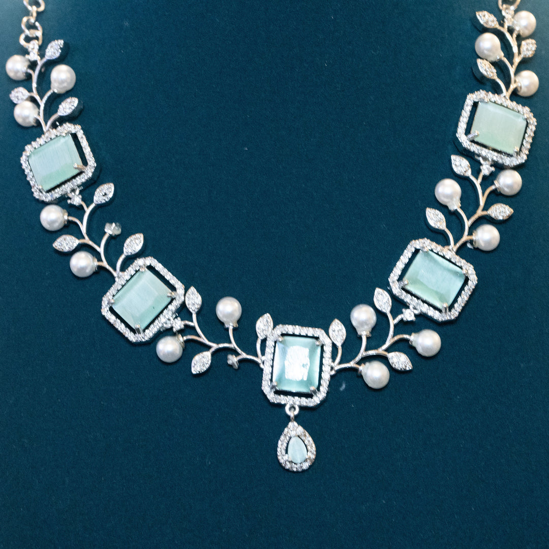 Rhodium CZ White Pearl and Light Green Emerald Necklace