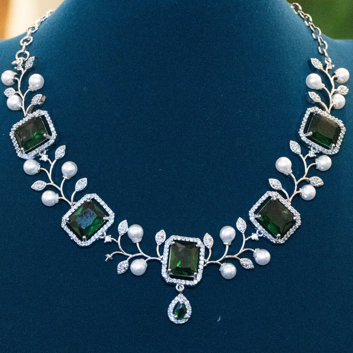 Rhodium CZ White Pearl and Green Emerald Necklace