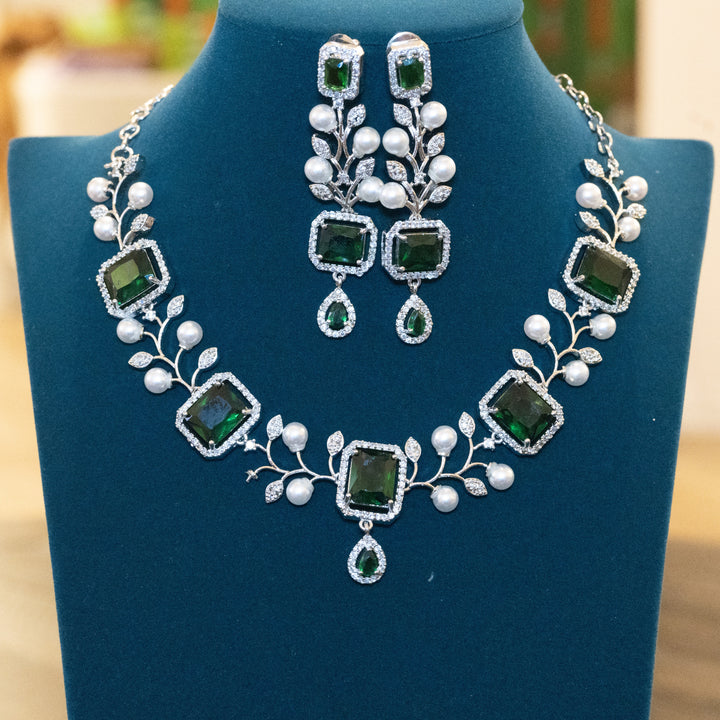 Rhodium CZ White Pearl and Green Emerald Necklace