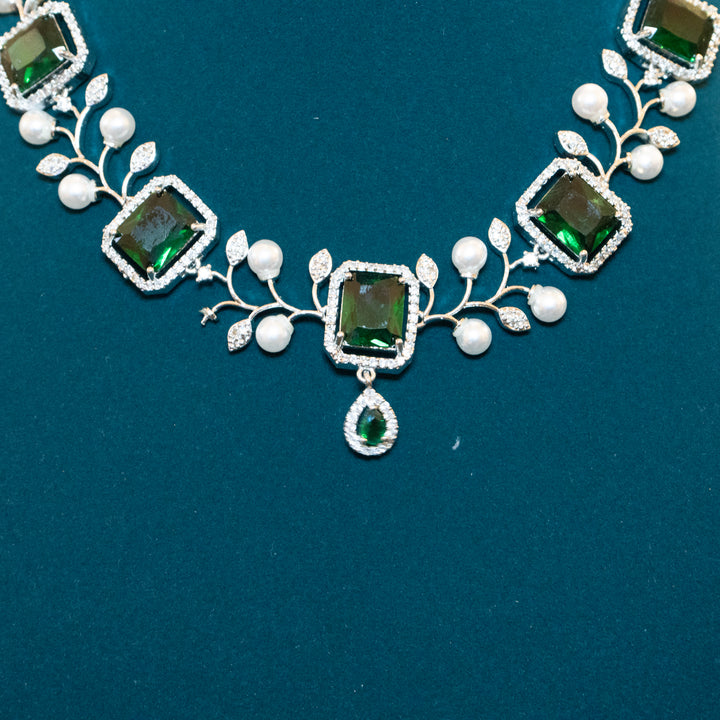 Rhodium CZ White Pearl and Green Emerald Necklace