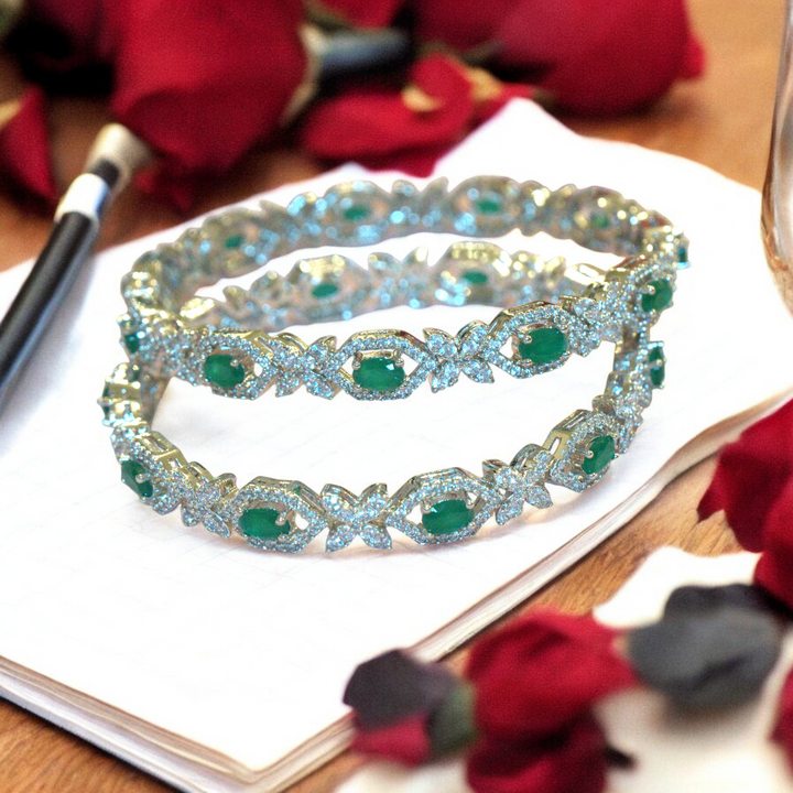 Rhodium Emerald Green AD Bangles Size 2.6