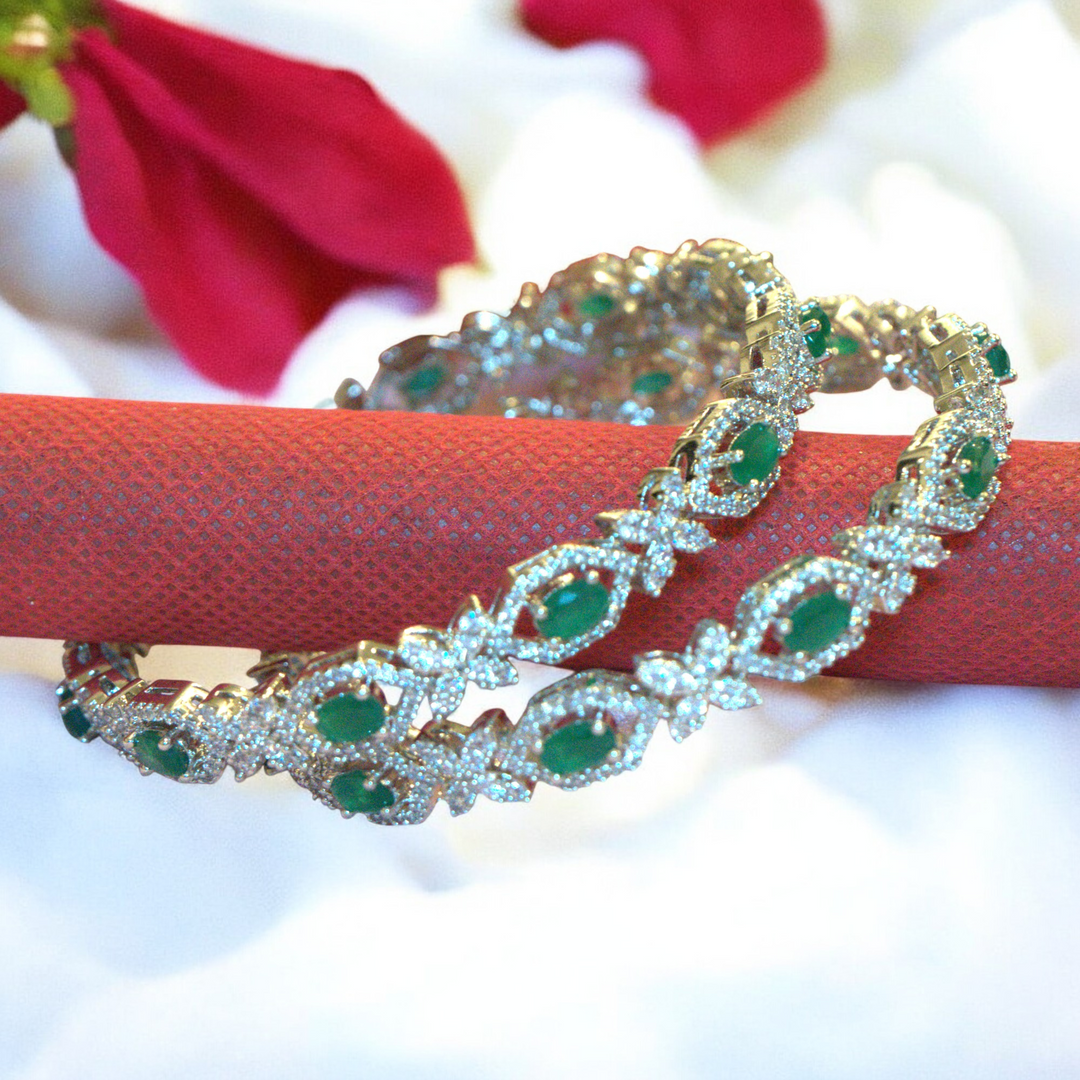 Rhodium Emerald Green AD Bangles Size 2.6