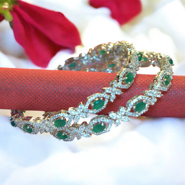 Rhodium Emerald Green AD Bangles Size 2.6