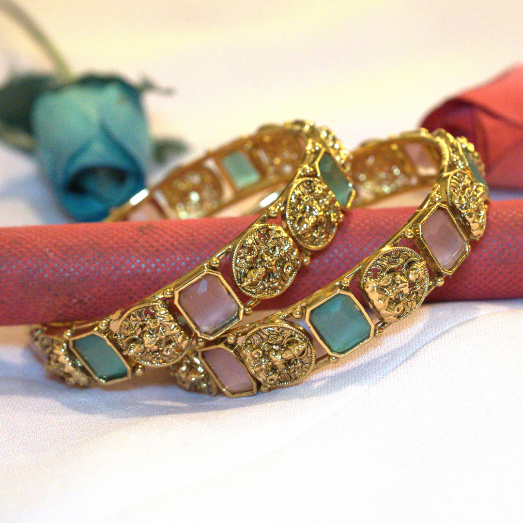Matt Multi Color Antique Temple Design Bangles Size 2.6