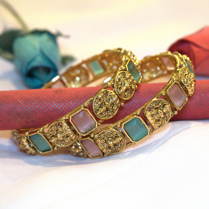 Matt Multi Color Antique Temple Design Bangles Size 2.6