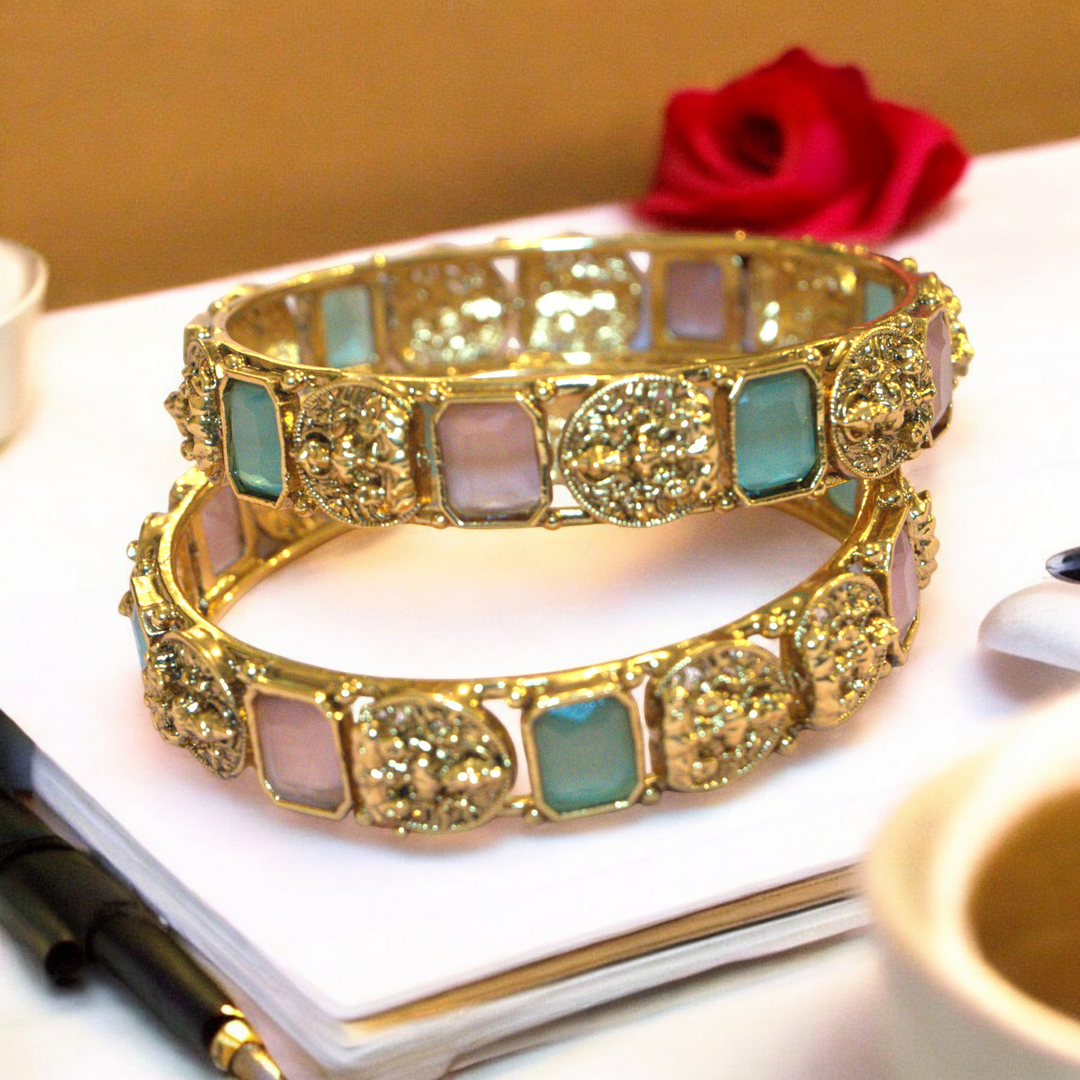 Matt Multi Color Antique Temple Design Bangles Size 2.6