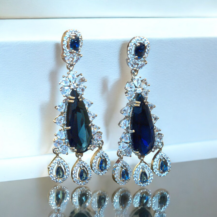 Rhodium Blue Sapphire Drop Earrings CZ AD Kammal Jimky