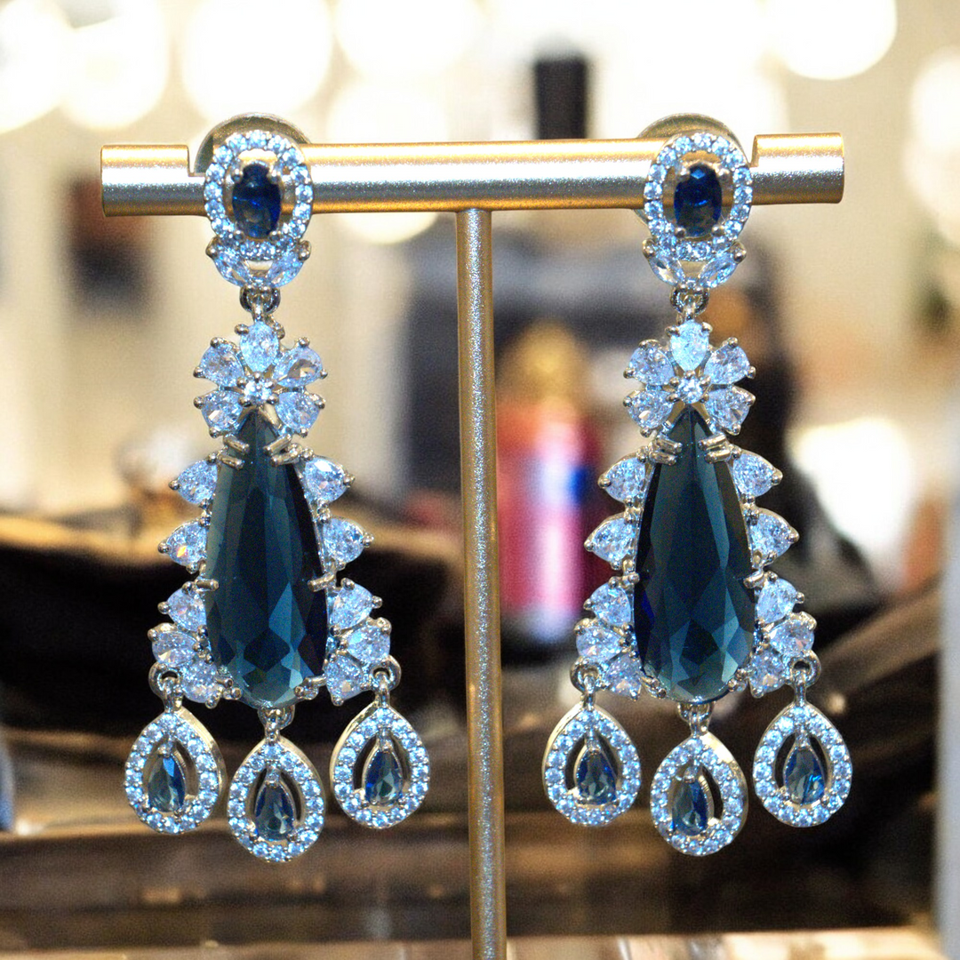 Rhodium Blue Sapphire Drop Earrings CZ AD Kammal Jimky