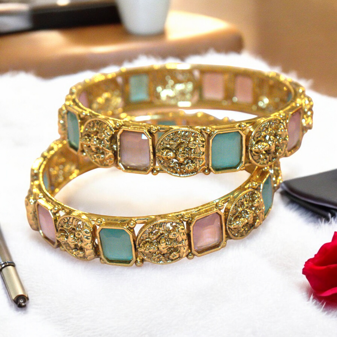 Matt Multi Color Antique Temple Design Bangles Size 2.8