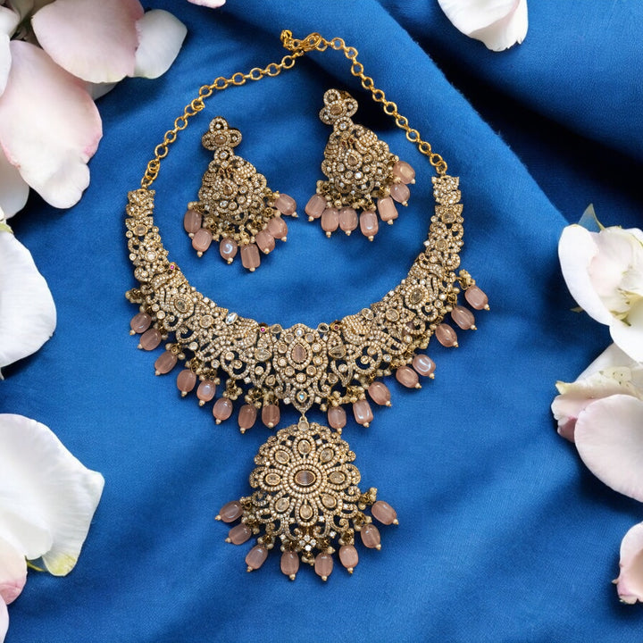Bridal Peacock Matt Victorian Necklace Set with Pink Monalisa Beads