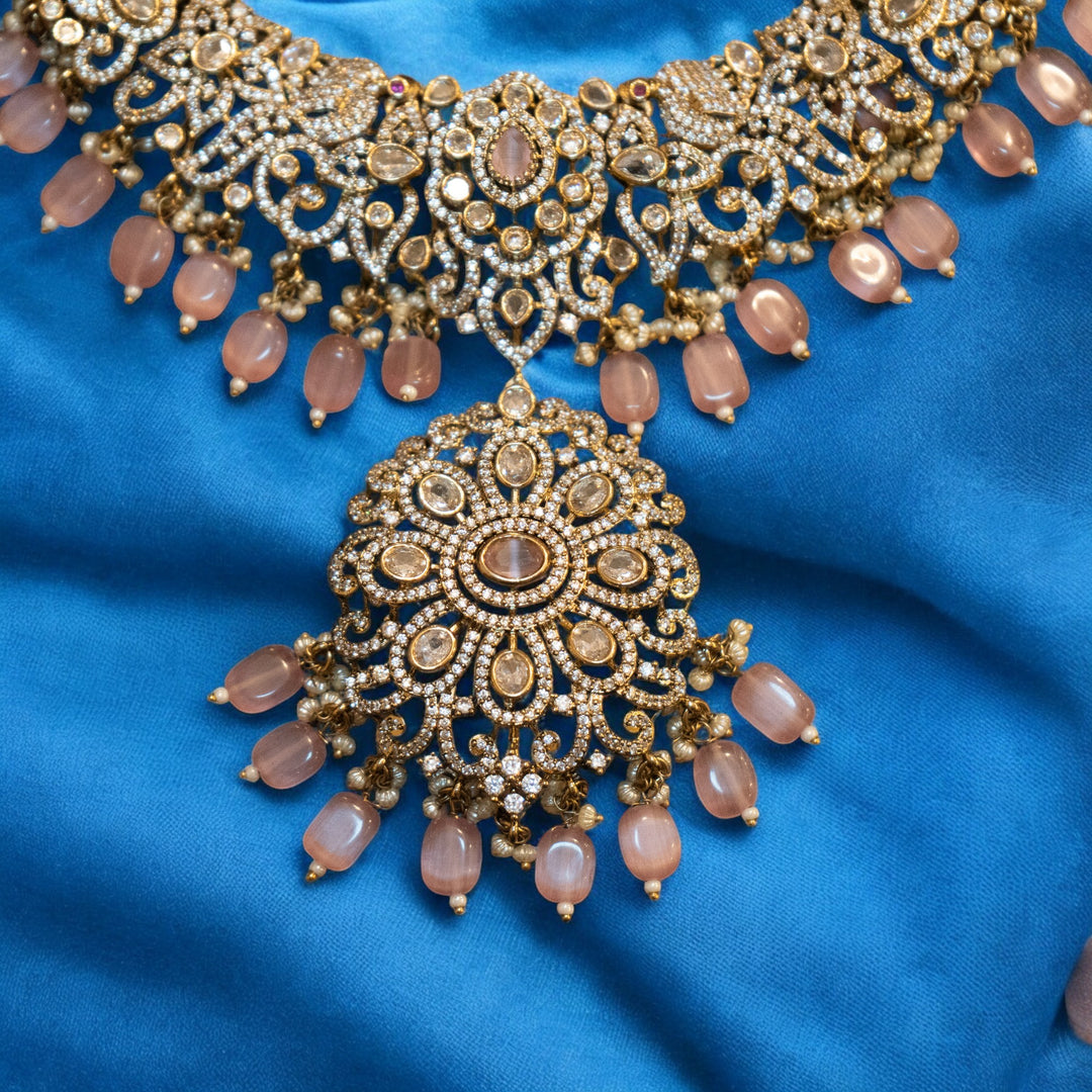 Bridal Peacock Matt Victorian Necklace Set with Pink Monalisa Beads