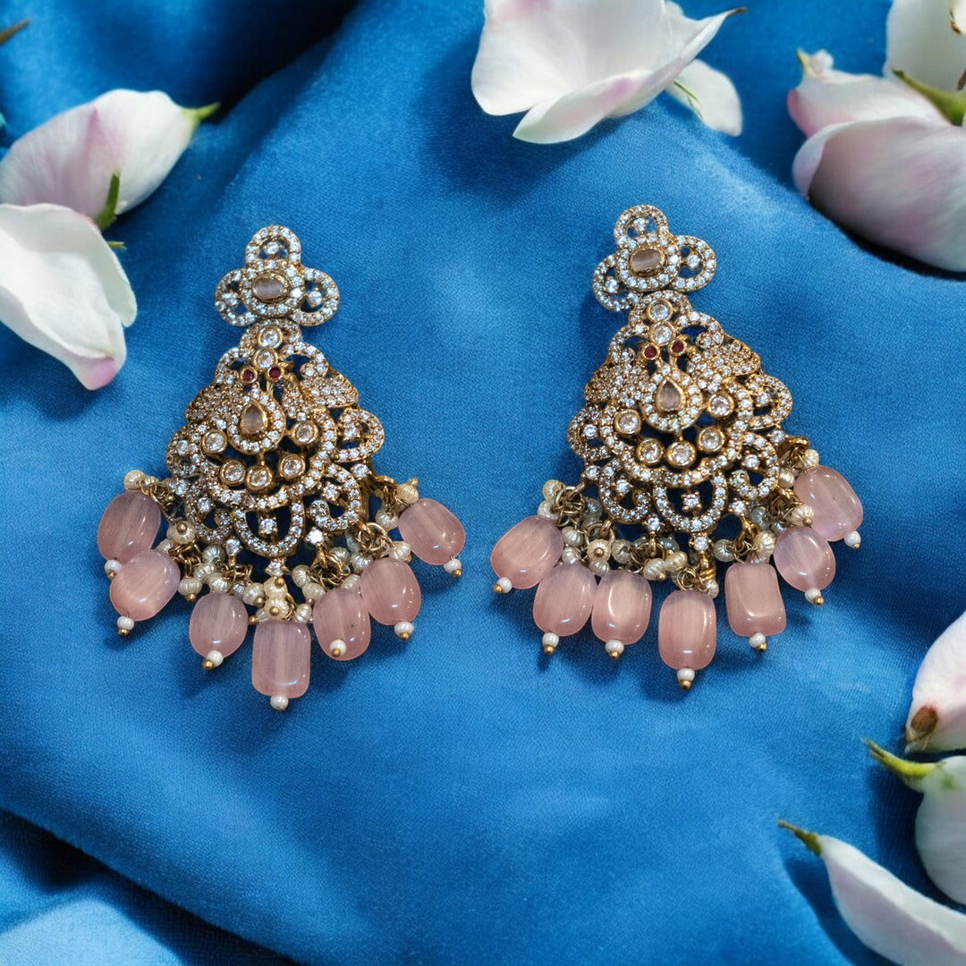 Bridal Peacock Matt Victorian Necklace Set with Pink Monalisa Beads