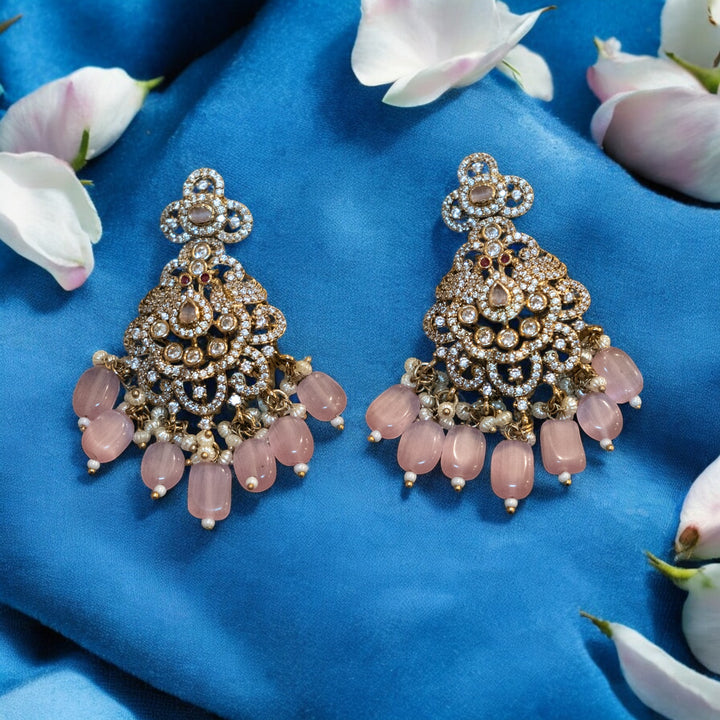 Bridal Peacock Matt Victorian Necklace Set with Pink Monalisa Beads